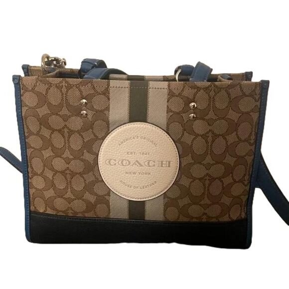 Coach Signature Stripe Tote Bag Blue Leather Trim Canvas Shoulder Bag - Picture 1 of 5